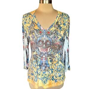 Reba Rhinestone Embellished T-shirt Size LARGE Casual Western Boho Cowgirl Bling